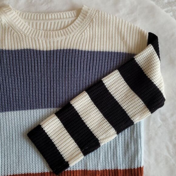 Thick Stripe Colorblock Knit Pullover Crewneck Contrast Sweater Medium - Picture 5 of 10